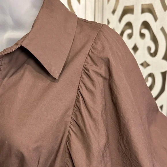 Size M Reminiscene Brown Puffy Sleeve Tie Waist Shirt Dress - Picture 3 of 16